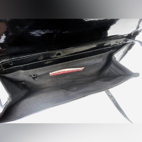 Vintage Glossy Black Purse Perry Ellis Envelope Clutch Shoulder Bag P13 - Picture 4 of 5